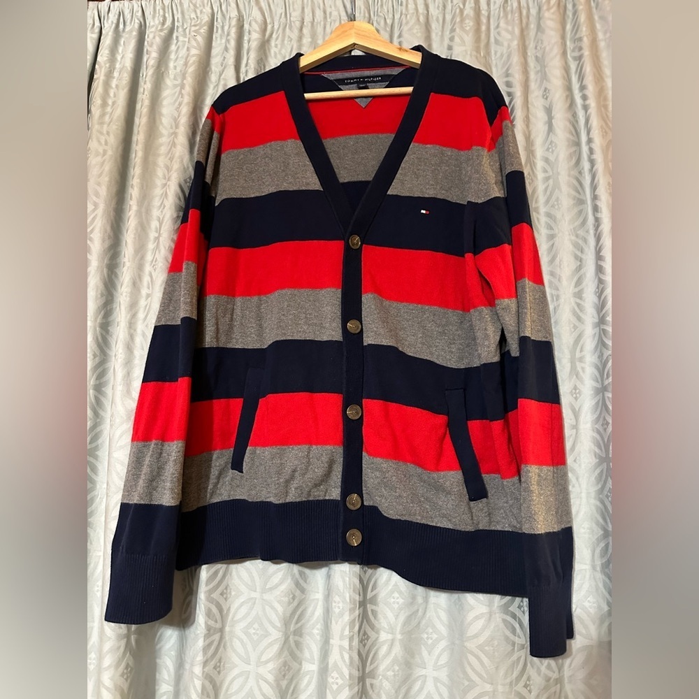 Vintage Tommy Hilfiger Sweater Men’s XL Striped Preppy 90s Multicolor Cardigan